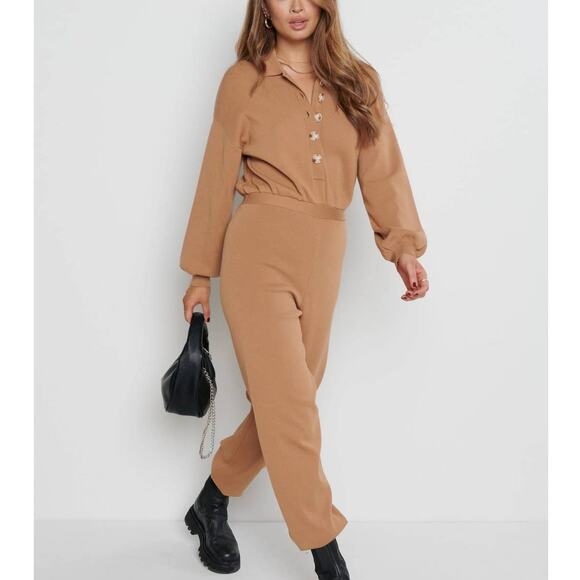 Pretty Lavish Darcie Knit Jumpsuit Brown Large - Picture 9 of 12